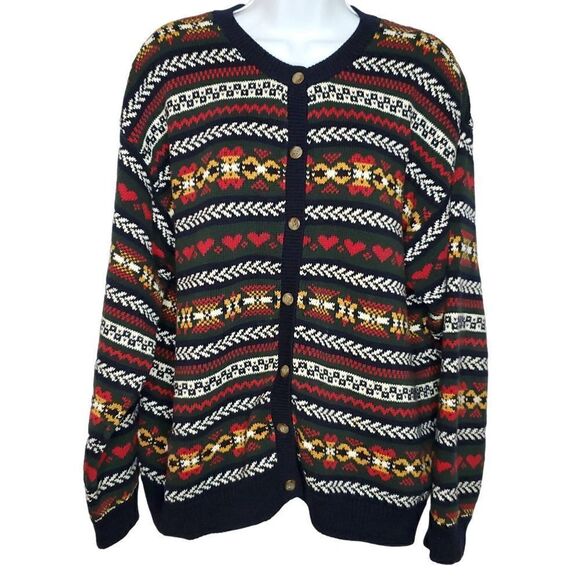Vintage Cotton Cardigan Button Up L Hearts Birds Eye Herringbone Navy Blue Red - Picture 1 of 4